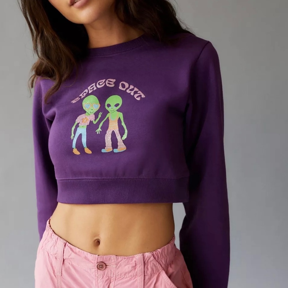 Urban Outfitters Purple Cropped Alien Graphic Sweatshirt